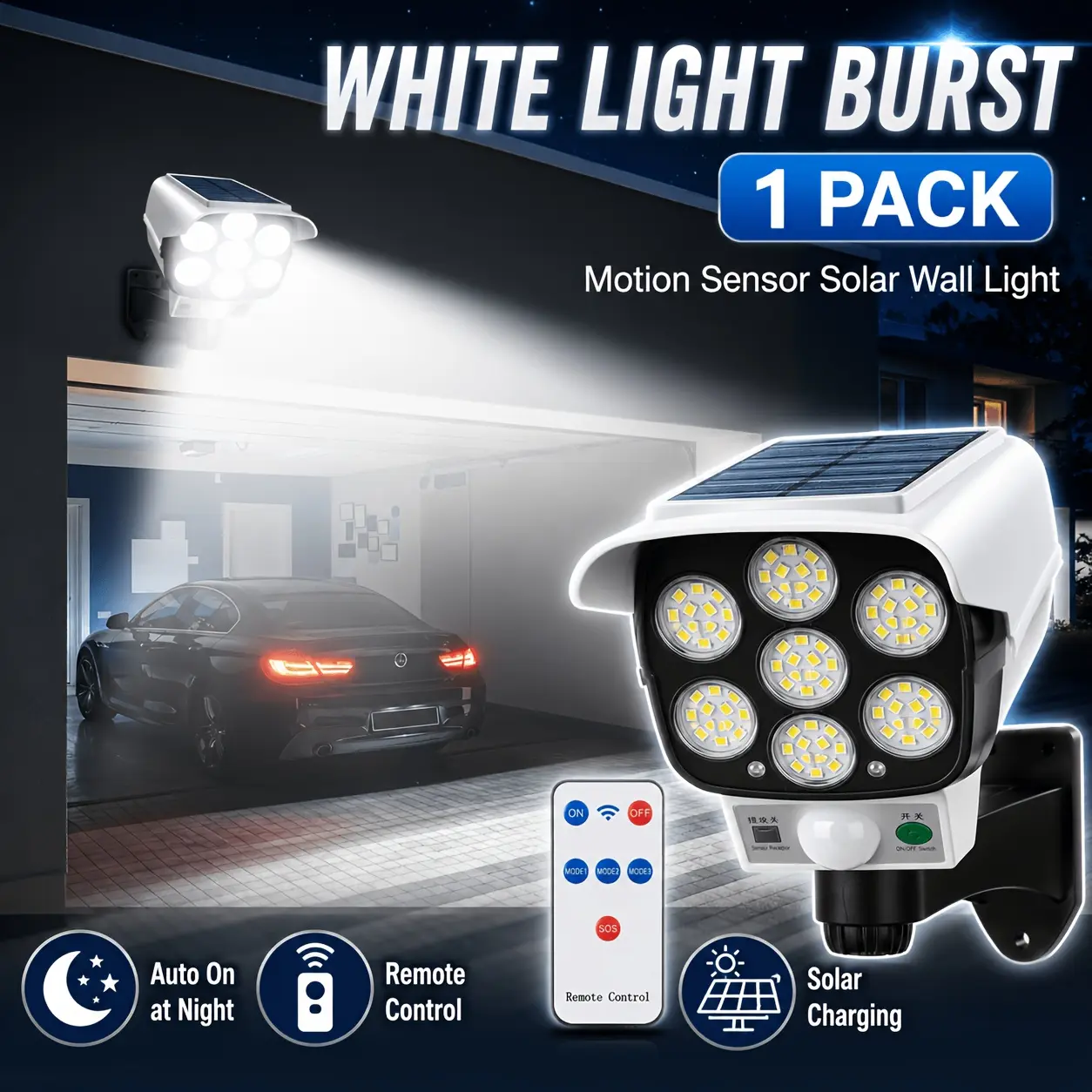 1:1 Fake Security Camera with Solar Light - Motion Sensor & Remote Control, 2000 Lumens LED, IP66 Waterproof, Wireless & Rechargeable, Deterrent Decoy for Home, Garden, Patio, Driveway