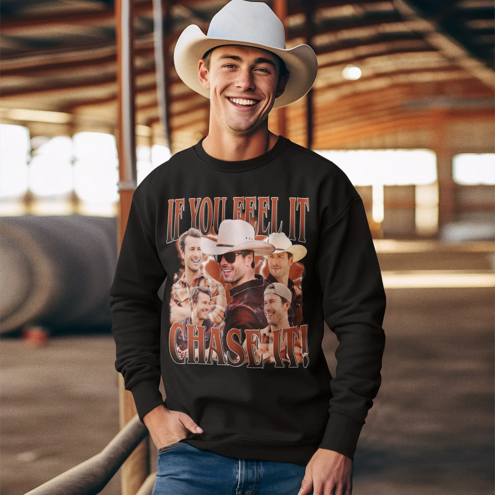 If You Feel It Chase It Glen Powell Movie Sweatshirt, Tyler Owens Twisters Sweatshirt, Vintage Glen Powell Homage Sweatshirt, Twisters Movie