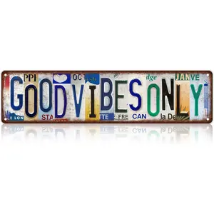 "Good Vibes Only" Metal License Plate-Style Plaque and Sign, 16x4 in Retro Positive Quote Wall Decor, Vintage Rustic Farmhouse Design Hanging Art Gift for Home Spaces, Vintage Plaque Decoration