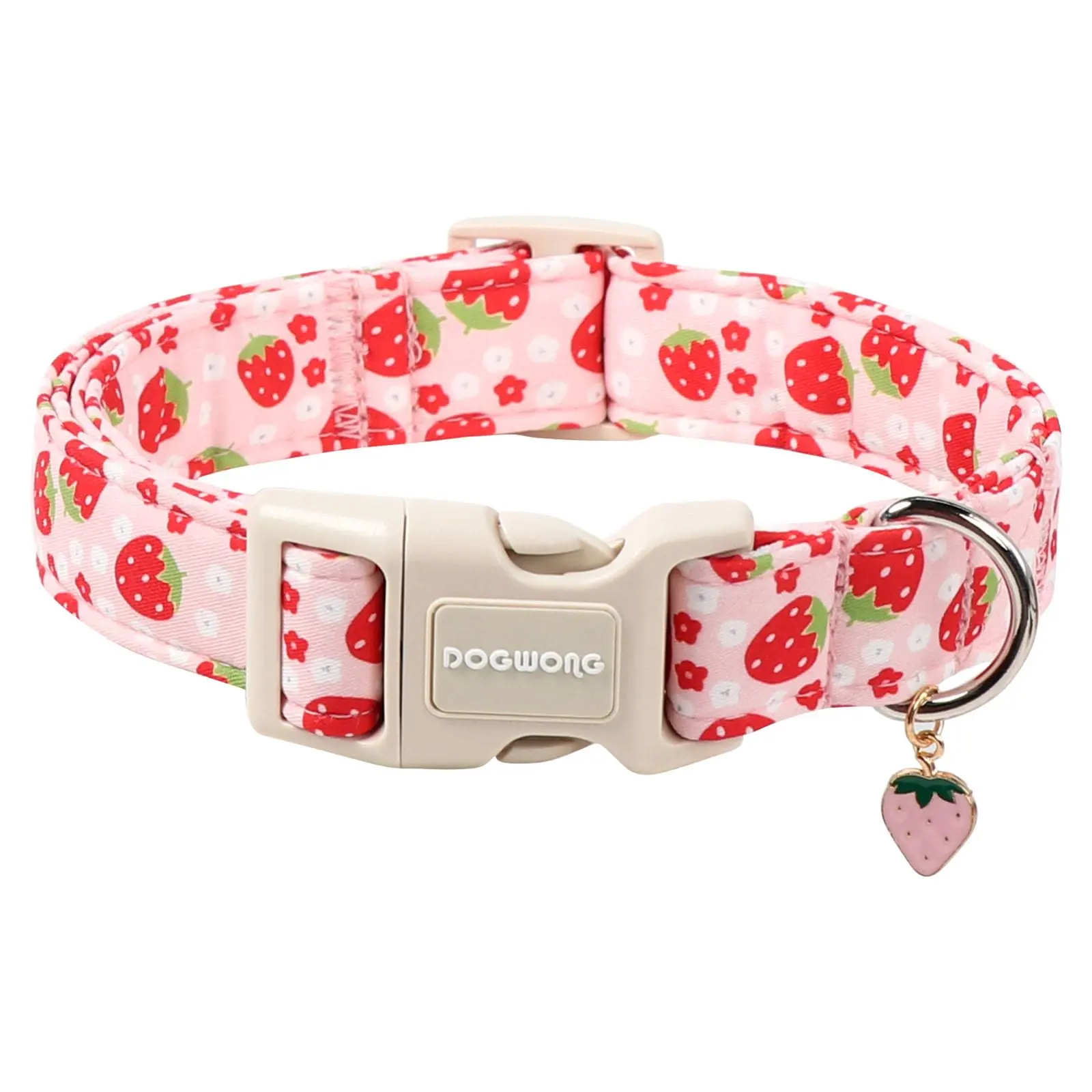 DOGWONG Cotton Handmade Daisy Flower Dog Collar with Pink Strawberries & Pendant, Cute for Girl and Boy Dogs