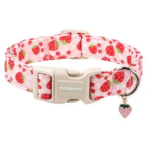 DOGWONG Cotton Handmade Daisy Flower Dog Collar with Pink Strawberries & Pendant, Cute for Girl and Boy Dogs
