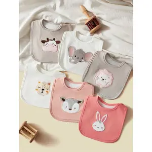 6pcs Baby Girls Colorful Embroidered Animals Pattern Bibs, Cute Cartoon Teething Drool Towels, Pink