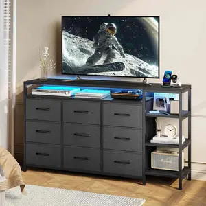 Sikaic 60" TV Stand with Charging Station, LED Lights, 9 Drawers and Open Shelves for Living Room & Bedroom Black Man Cave Furniture Apartment Furniture