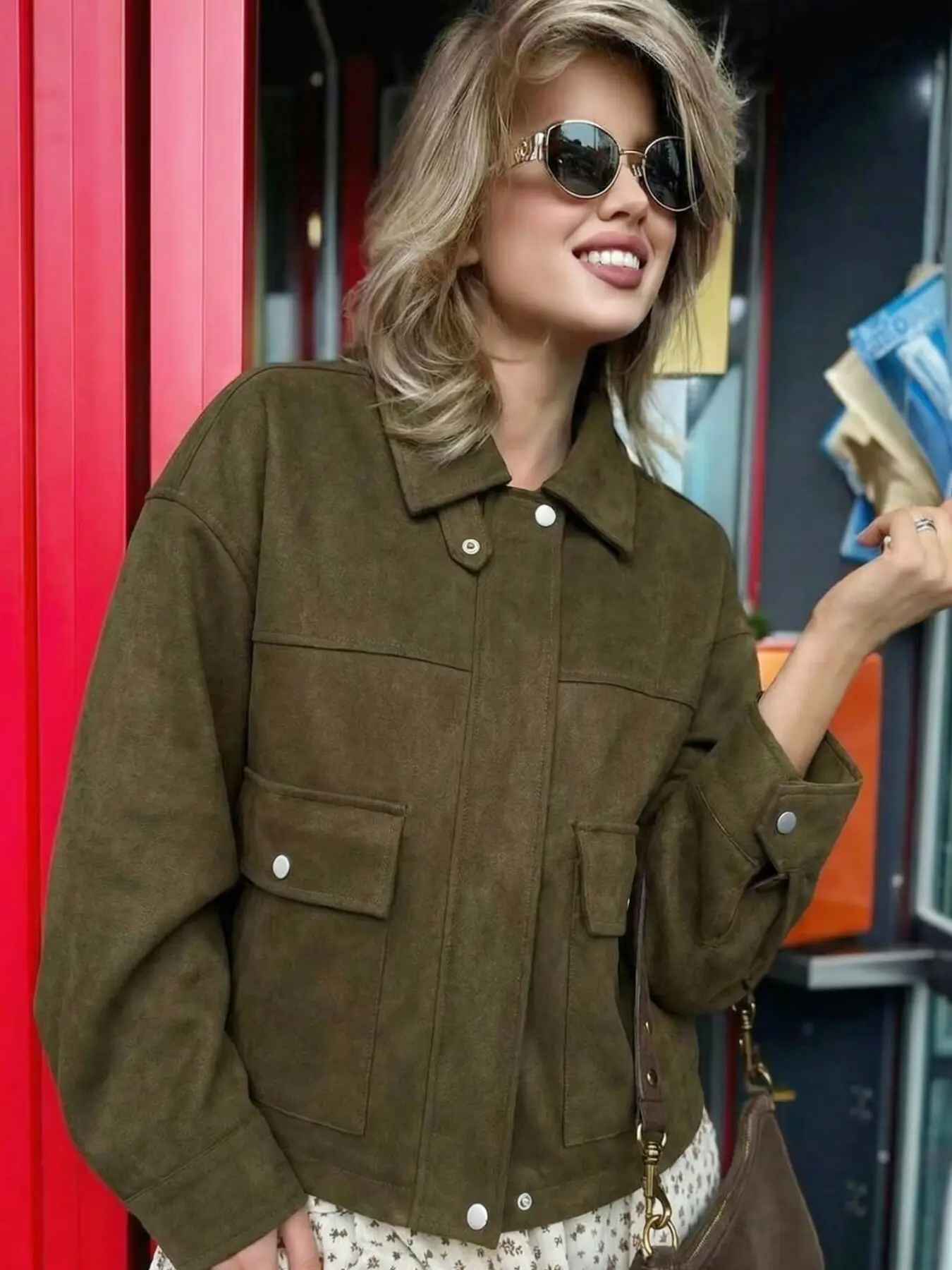 Oversized Suede Jacket Women's Jacket Demi-Season 2026 Elegant Crop Armygreen Outerwears Ladies Fashion Casual Comfy Jacket Loose Lapel Collar Big Pockets Long Sleeve Top Women Korean Popular Outdoor Coat