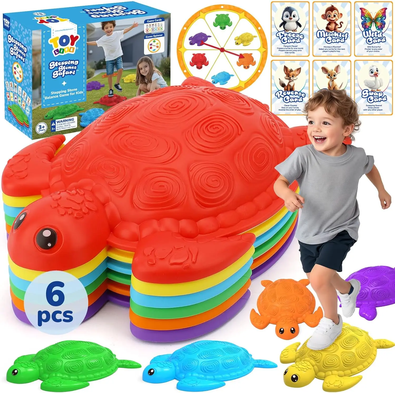ToyLife 6 Pcs Turtle Stepping Stones for Kids - Non-Slip Balance Stepping Blocks with Game Spinner & Action Cards - Indoor Outdoor Obstacle Course Sensory Toys, Birthday Gifts for Toddlers Ages 3-8