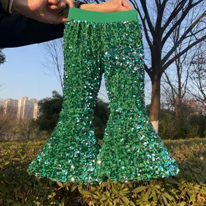 Cocokids Kids Girl Green Sequin Bell Bottom Pants | St. Patrick's Day Outfit | Lucky Party Pants