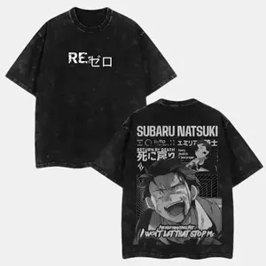 Re Zero Natsuki Subaru Classic Anime Graphic T Shirt Acid Wash Oversized Vintage Heavyweight Cotton Tee Y2K Dark Fantasy Streetwear Gym Pump Cover Japanese Manga Return By Death Loose Fit Casual Summer Top Men Women Trendy Fits