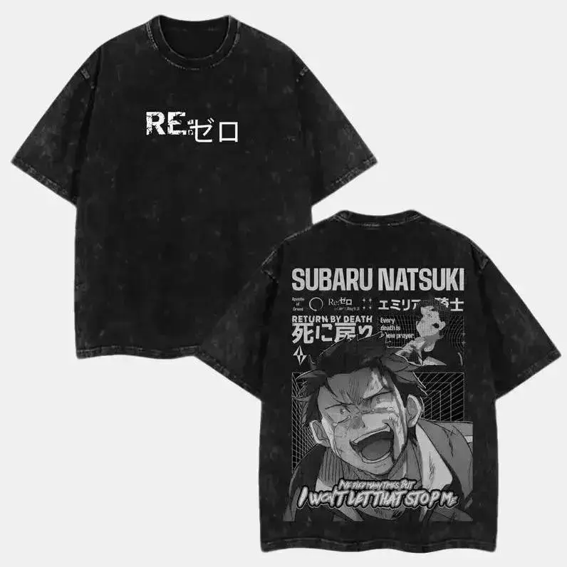 Men's Re:0 Natsuki Subaru Classic Anime Graphic T-Shirt - Acid Wash Oversized Vintage Heavyweight Soft Cotton Apparel, Round Neck Short-Sleeve Y2K Dark Fantasy Streetwear Gym Pump Cover, Loose-Fit Casual Summer Manga Return By Death Top