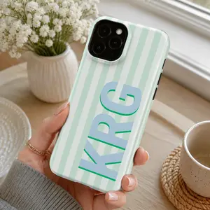 Personalized Monogram Initials Phone Case, Polycarbonate Tough Cover with Retro Stripe & 17 Shadow Monogram, Summer Beachy Mobile Phone Accessories for iPhone 17,16,15,14,13
