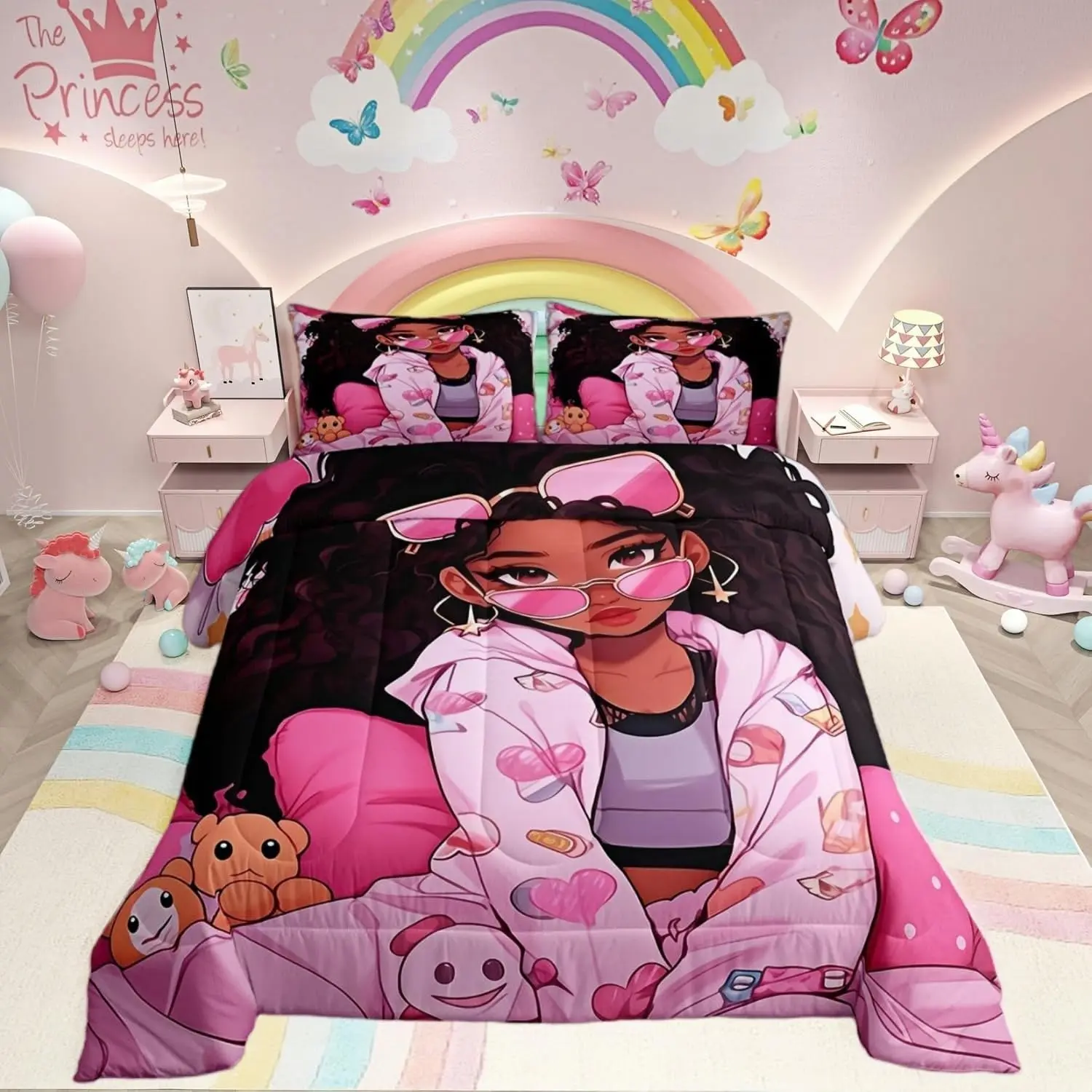 Black Little Comforter Set,Cartoon Bears Love Heart Dots Bedding Set Women Room Decor,Afro American Style Down Comforter,Pink Princess Duvet Insert