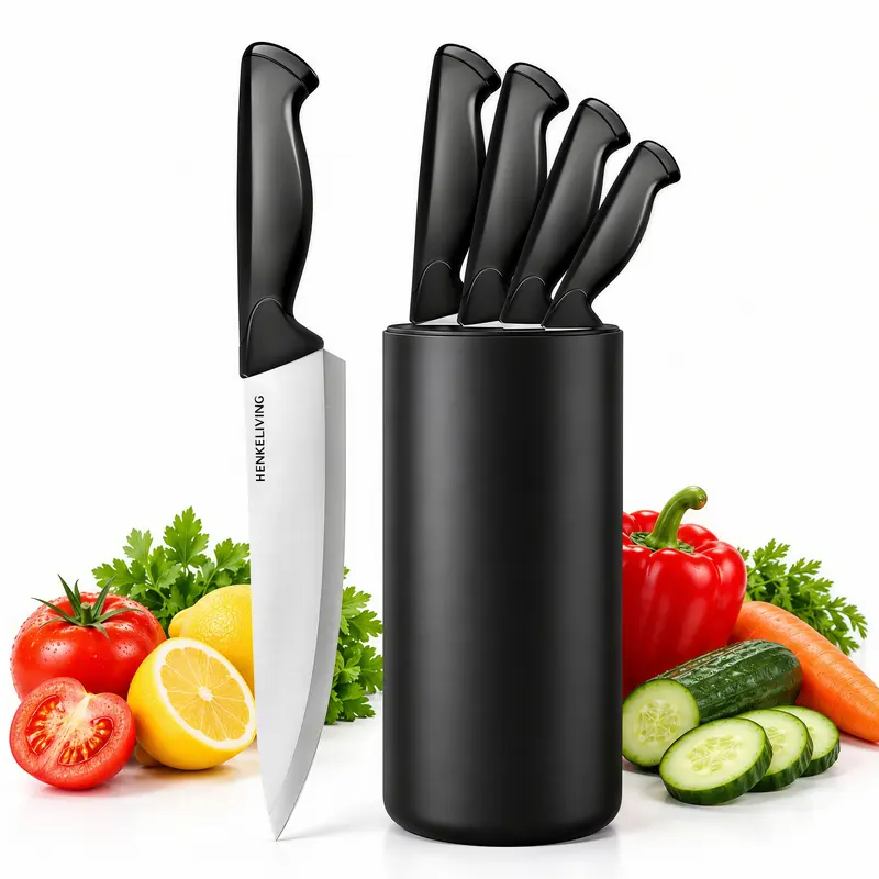 HENKELIVING 6-Piece Professional Stainless Steel Knives Kitchen Set - Rust-Resist Blades, Ergonomic Handles, Durable Knife Block, Cutting Kitchen Accessories (Black, White Options)