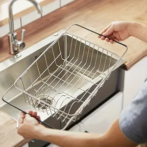 Stainless Steel Sink Strainer Drain Rack, Adjustable Extensible Arm, Space Saving Kitchen Organizer, Commercial & Home Use, No Assembly Needed