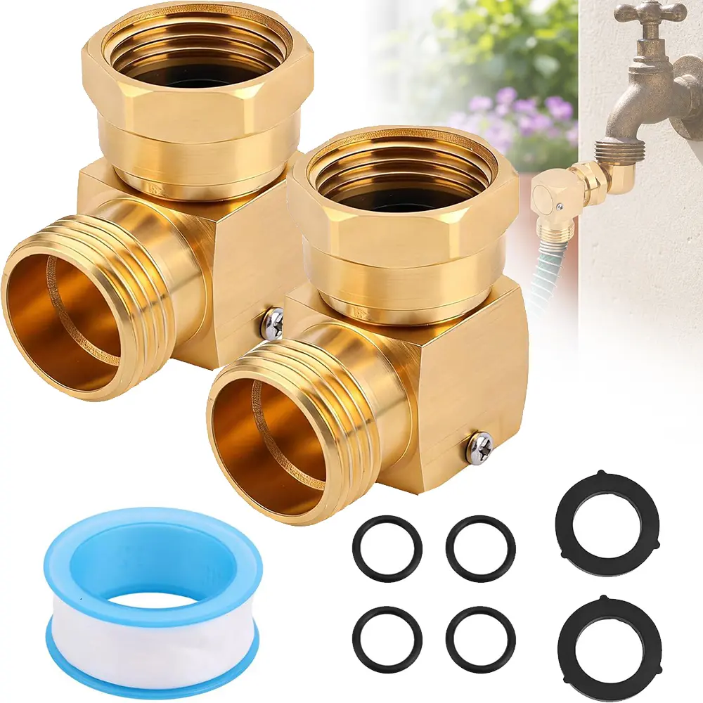 2PCS Garden Hose Swivel Elbow Fittings, 90 Degree Solid Brass Connector Kink Protector with 6 Washers & 1 Teflon Tape for Outdoor Faucet Spigot RV Anti-Kink Water Hose Adapter