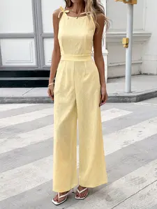 Women's Jacquard Fabric Romper Butterfly Knot Shoulder Decor Daisy Floral Wide Leg Jumpsuit Elegant Casual Outfits For Party Daily Commute