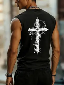 Men's Gothic Thorn Cross Tank Top | Back Print Christian Faith Graphic Sleeveless Shirt | Edgy Punk Workout Gym Fitness Muscle Tee | Streetwear Casual Summer Outfit