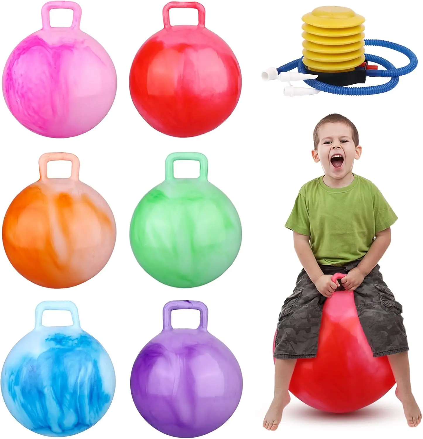 6 Pcs Bouncing with Handle Outdoor Jumping Hopper 18 Inch Marbling Color Bouncy Balls with Air Pump Outdoors Sports Exercise School Games Supplies, 6 Colors