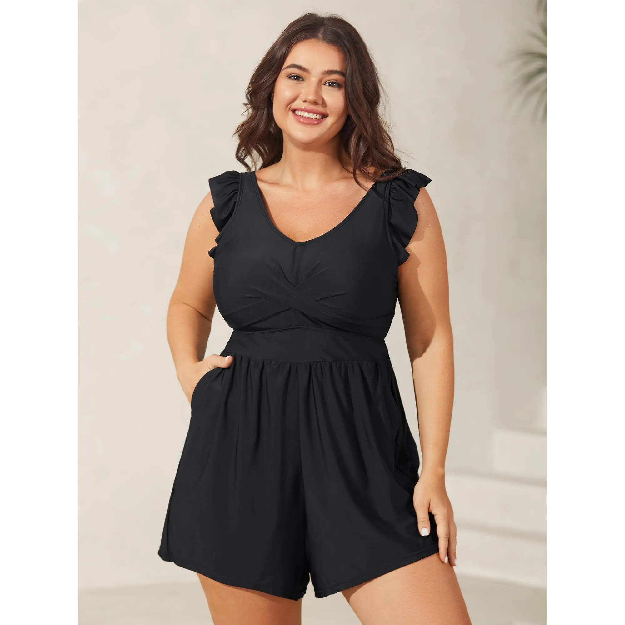 BLOOMCHIC Women's Plus Size Tummy Control Swimdress Bathing Suit - Summer Patchwork Contrast Crossover, Bodycon Cut, Stretch Fabric, Built-In Shorts, Pockets, M-6X Modest Plus Size Fashion Swimwear, Modest Swimwear,Summerfinds