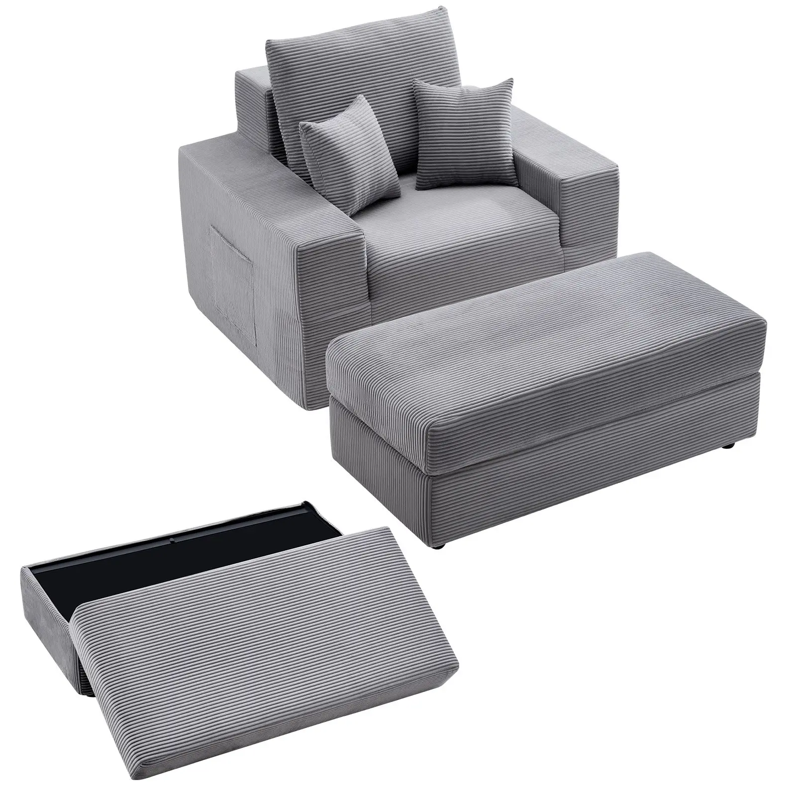 VEVOR Grey Corduroy Chaise Lounge Sofa Bed - 44 in Boneless Modular Oversized Deep Seat Armchair, Pillows for Sleeping, Indoor Sleeper for Living Room, Bedroom
