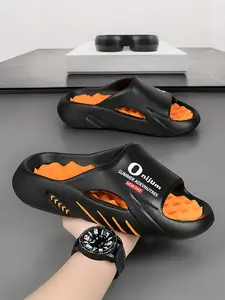 Men's Letter Print House Slide Slippers, Casual Comfortable Non-slip Slippers for Indoor & Outdoor Wear, Soft Comfy Slippers for Daily Wear, Orange And Black, Fashionable Slippers