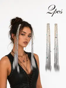 2pcs Clip in Braided Hair Extensions for Women, Boho Y2K Synthetic Braid Hair Clips with Beads & Charms, Festival Party Cosplay Accessories, Synthetic Braiding Hair