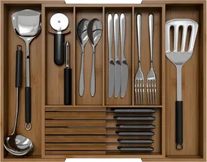 Kitchen Silverware Drawer Organizer - Expandable  Utensil Holder with Dividers, Luxury Cutlery Storage Tray for Kitchen Utensil and Flatware (5-7 Slots with Removable  Block, Walnut)