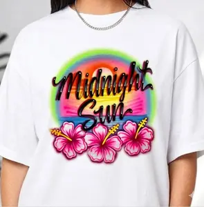 Midnight Sun Airbrush Shirt — Beach Sunset & Hibiscus Flower
