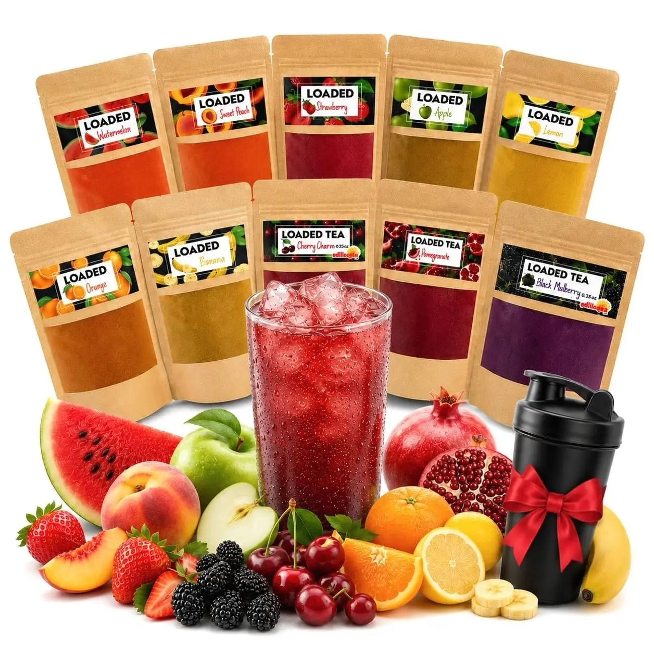 Loaded Tea Pack Mixed Flavors, Includes Shaker, 10 x 10g (0.35 oz), Each Makes 50 fl oz (1.5 Liters), 10 Fruity Flavors, Premium Iced Energy Tea Drink