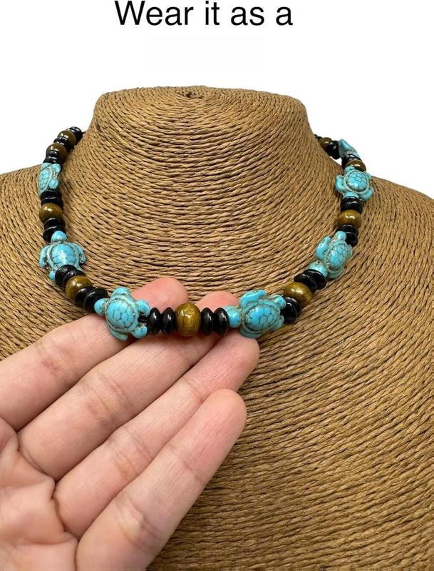 Turquoise Howlite Sea Turtle Beaded Necklace with Black & Brown Wooden Beads Adjustable Cord 14-24 Inches Unisex Bohemian Style Jewelry