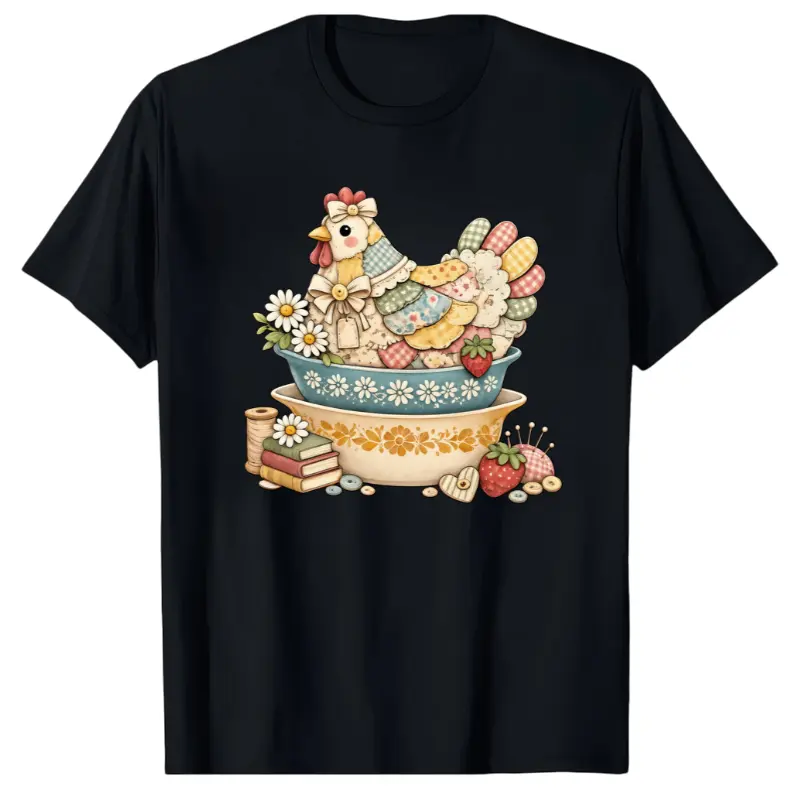 Patchwork Vintage Chicken Pyrex Inspired T-Shirt, Quilted Hen on Nest, Grandma Core Vintage Kitchenware Shirt, Printed Shirt