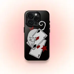 Lucky Playing Card Cat Smartphone Case, Y2K Cute Grunge Gothic Cool Graphic Cover, Handheld Cellphone Accessory, Gift for iPhone 11 12 13 14 15 16 17 Pro Max Air Plus