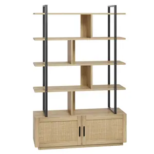 5-Tier Industrial Rattan Bookcase with Storage Cabinet & Door – 71.1'' Tall Metal Frame Bookshelf – Open Display Shelves for Living Room, Bedroom, Home Office