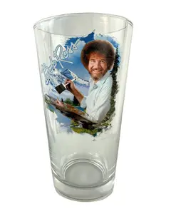Bob Ross Snowy Mountains Pine Trees and River Painting 16oz Pint Drinking Glass