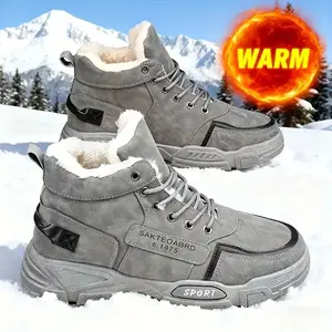 Men's winter snow boots with a sporty and casual high top lace up design, round toe design, PU upper, thick plush lining - non slip, durable, comfortable and fashionable for casual street sports, suitable for hiking and outdoor activities
