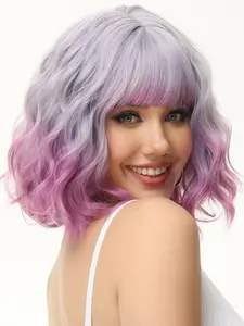 Colorful Curly Style Bob Wig with Bangs Feature, Gradient, High-Temperature Resistant Fiber, Perfect for Halloween & Festivals, Synthetic Wigs