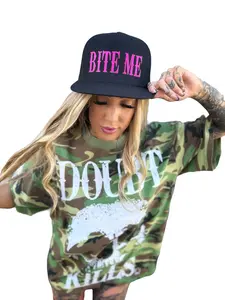 TheDriveClothing Bite Me Black Flat Bill Snapback Hat – Pink Print Trucker Cap, Black Mesh Back Hat, Structured Flat Brim Streetwear Headwear