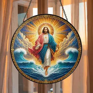 Jesus Walking on Water Stained Glass Suncatcher,  Window Hanging, Christian Religious Home Decor, Faith Spiritual Gift, Sunflower Mountain Landscape Window Hanging, Inspirational Christian Decor, Catholic Religious Home Decor with Chain