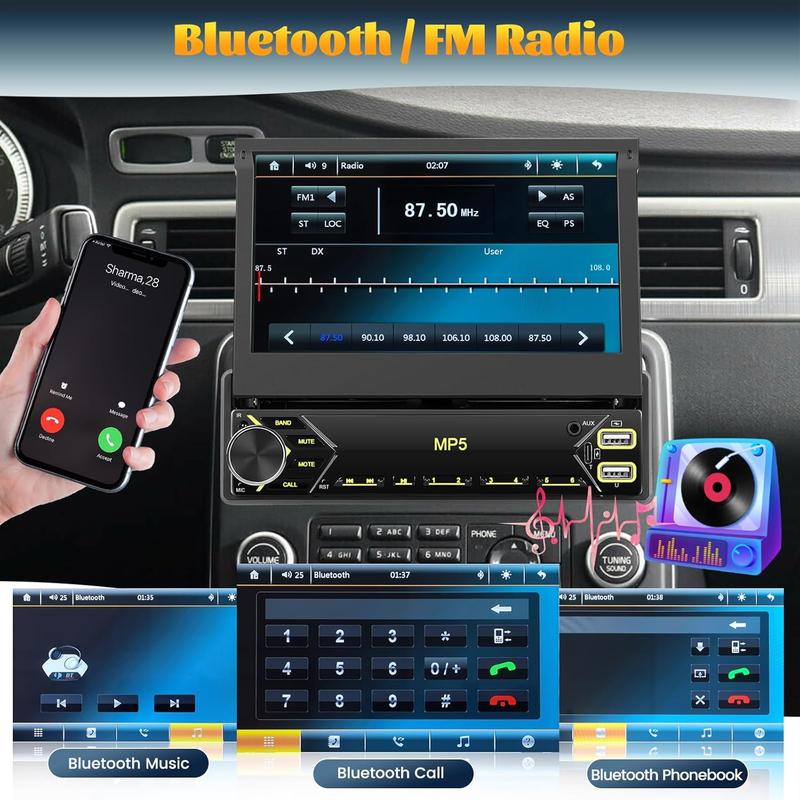 Car Radio 1Din with Retractable Screen,7inch Manual Retractable Display 1 Din Radio with Bluetooth Handsfree FM Type-C 2USB AUX Mirror Link SWC Rear View Camera、No carplay and no android auto、automotive