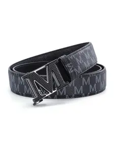 Men's Automatic Buckle Belt, Allover M Monogram Print, PU Leather Ratchet Belt, Casual Style, All Seasons, Hollow M Buckle, Letter Design Belt