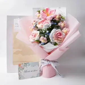 Hand Made Crochet Flowers Bouquet Hand Knitted Rose Lily Tulip Faux Flower Bouquet for Home Decor Weddings Birthdays Valentine's Day Mother's Day Includes Gift Bag and Greeting Card, CJ Hendry Flower Market