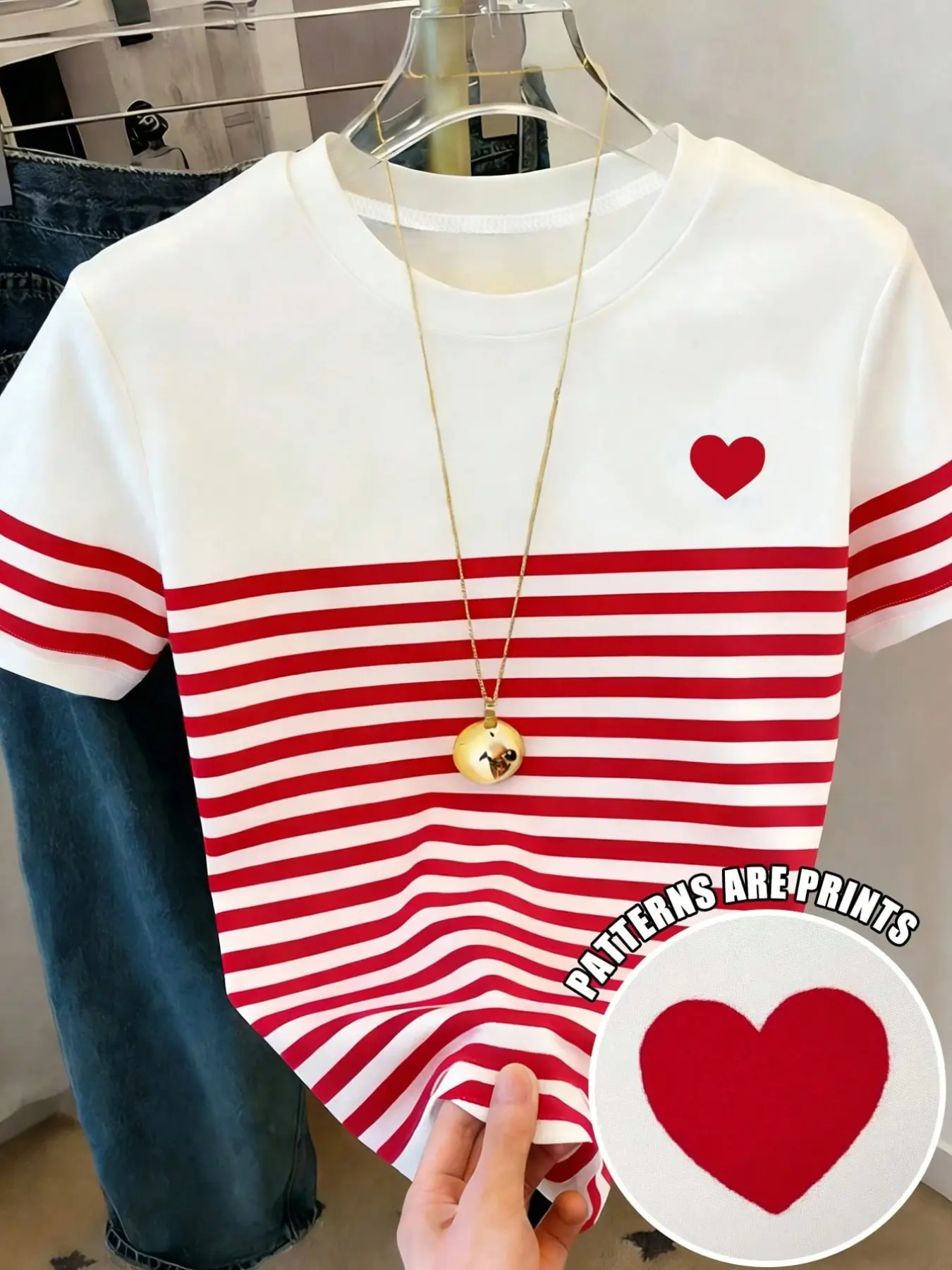 Striped Heart Short Sleeve T-Shirt, Top, Casual Tops, French Chic Cute Casual Style, Colorblock Design, Breathable Fabric, Daily Commute Wear, Everyday, Womenswear, Summer