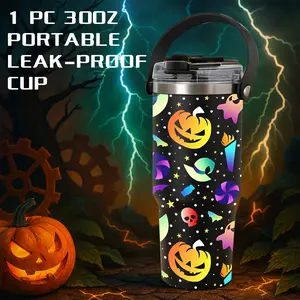 1 Pc 30 Oz Stainless Steel Insulated Tumbler with Handle and Flip Lid, Cute Gradient Halloween Pumpkins and Candy Pattern, Double-Wall Vacuum Cup, 100% Leak-Proof, Keep Drinks Hot 12H / Cold 24H, Ideal Holiday Gift for Home, Office, and Halloween Party.