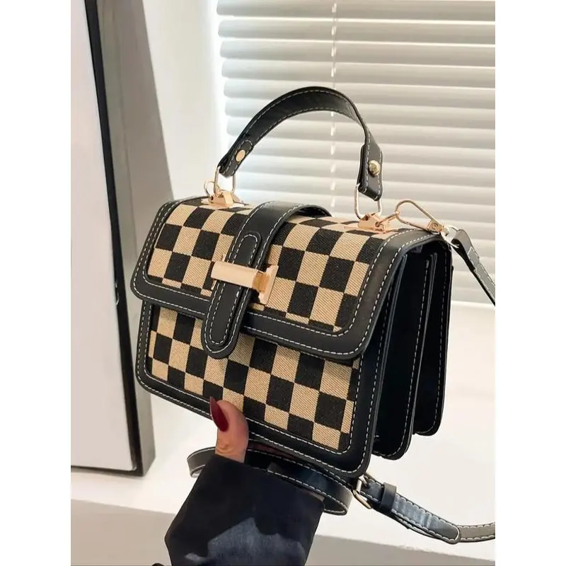 Plaid Colorblock Crossbody Bag, Chic Multicolor PU Leather Flap Purse for Women with Adjustable Sling Strap, Adjustable Sling Bag, Flap Crossbody Purse, Casual Flap Pocket