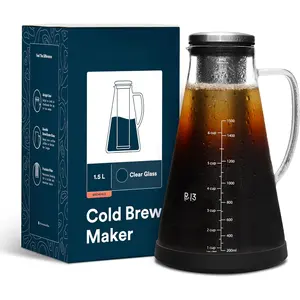 Airtight Cold Brew Iced Coffee Maker Pitcher (& Iced  Maker) with Spout - 1.5L/ 51oz Brewing Glass Carafe with Removable Stainless Steel Filter