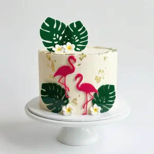 Flamingo Cake Topper Styling Set with Tropical Leaves and Flowers for Party Decor