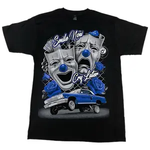 Blue Smile Now Cry Later Low Rider Old School T Shirt Menswear Cotton 100% Silk Screen Crewneck Streetwear Top - Tshirt, Man, Tropical Shortsleeve Casual