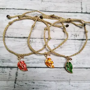 Enamel Fall Leaf Charm Woven Waxed Polyester Friendship Bracelet