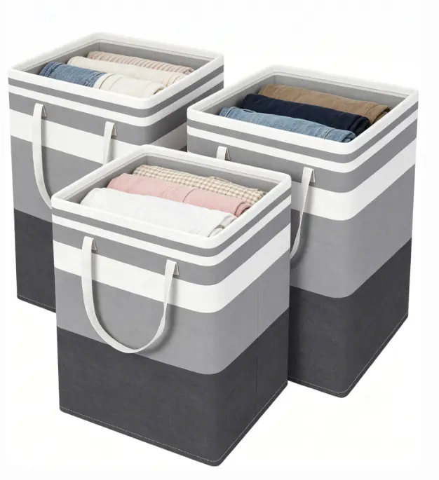 75L Thick Sturdy Freestanding Polyester Laundry Hamper, Collapsible Waterproof Clothes Storage Basket with Reinforced Handles, Large Square Organizer for Bedroom, Toys Storage (2/3 Pack), Stable