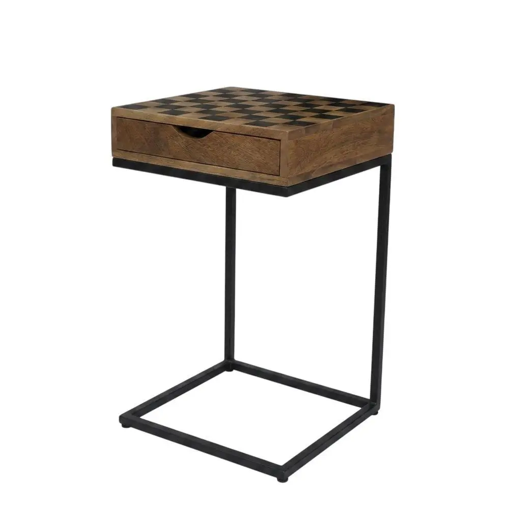 Checkerboard C-Shaped Accent Table - Compact, Space-Saving Indoor Furniture with Clean Aesthetic, Compatible with Small Lamps for Living Room, Sofa Side