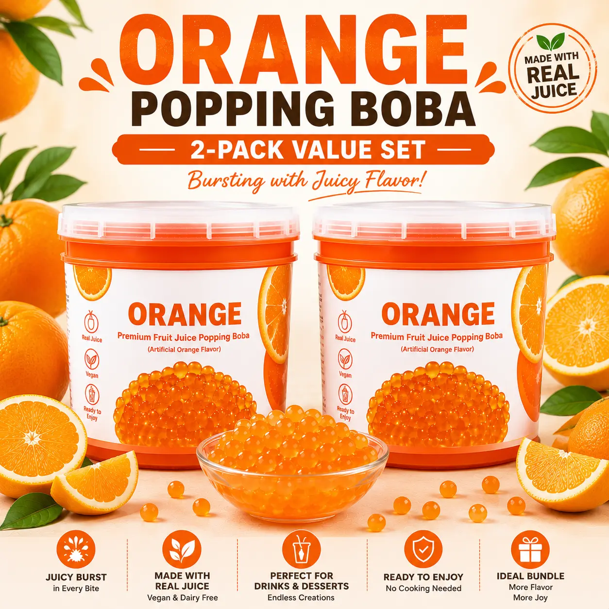 T&Tea Orange Popping Boba Pearls 2-Pack,Vegan Bursting Boba Pearls for Bubble Tea, Beverages, Shakes, Desserts, Smoothies & Ice Cream Topping