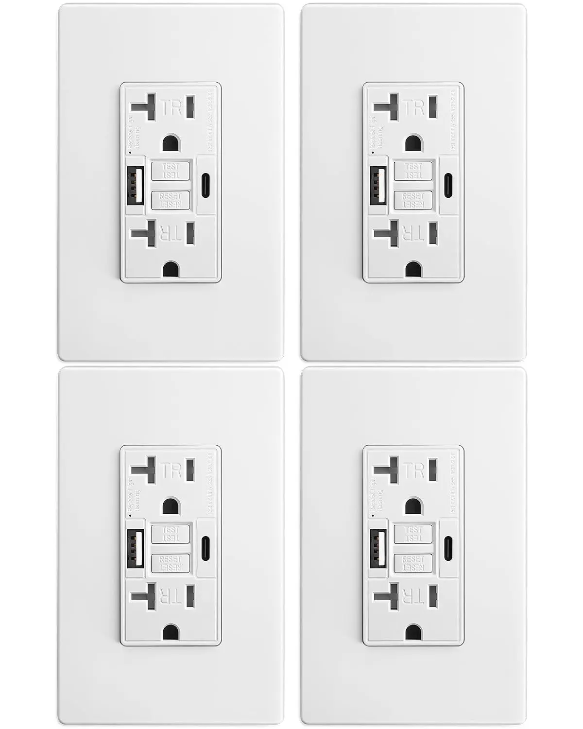 Suraielec│4 Pack GFCI Combo with USB-C & USB-A Ports, ETL Listed | 5V/4.8A Total Output, Screwless Wall Plate Included, Tamper-Resistant GFCI Receptacle with USB-C Ports for Kitchen & Bathroom